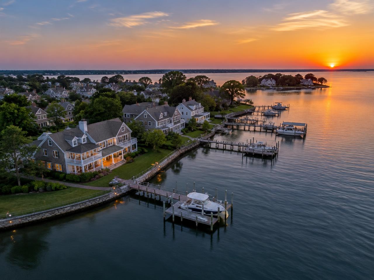 Waterfront homes with private docks along the Chesapeake Bay at dusk